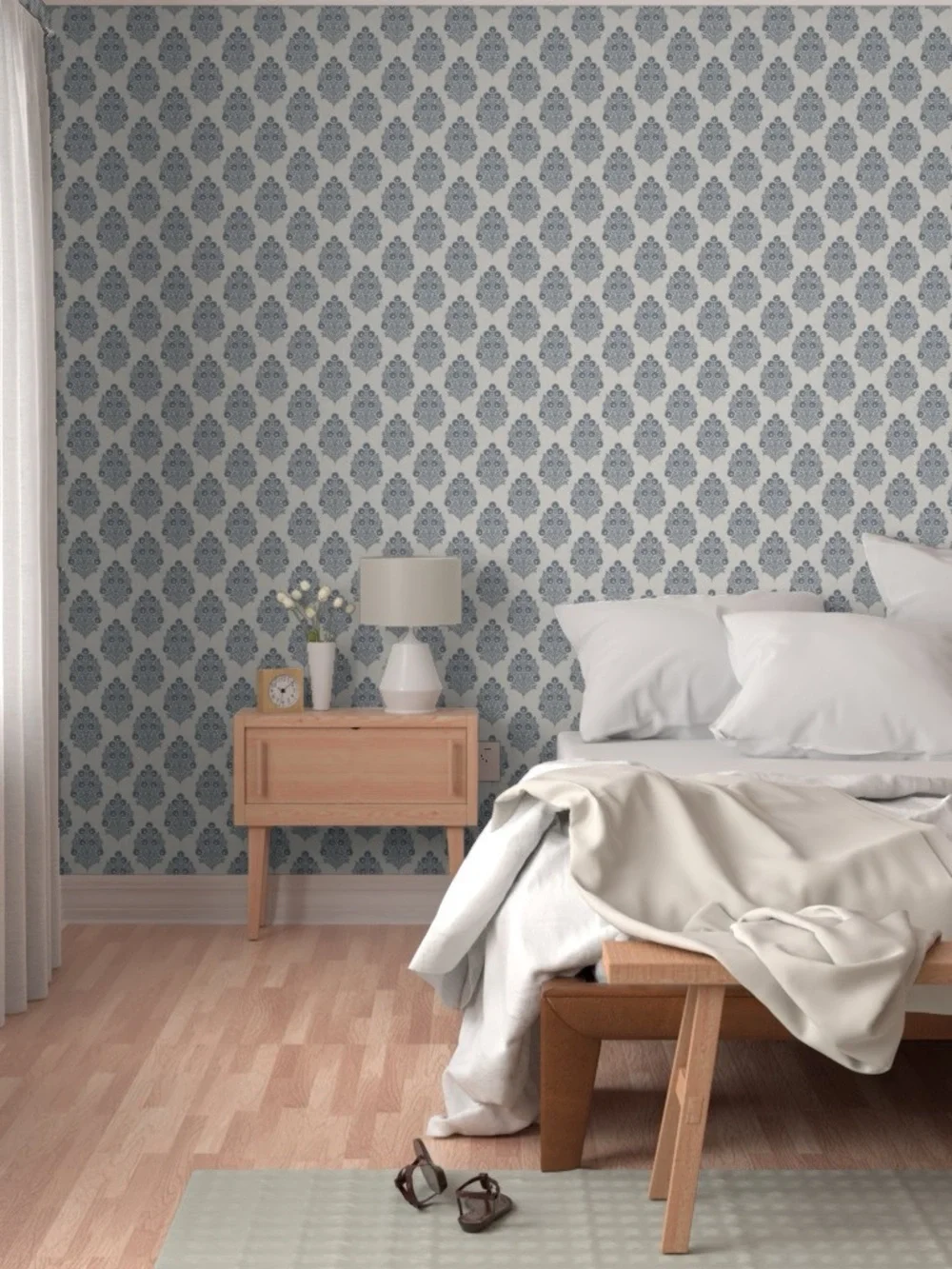 Peel & Stick Wallpaper in Blue Grey & Linen Heritage Floral 2x9 Panels